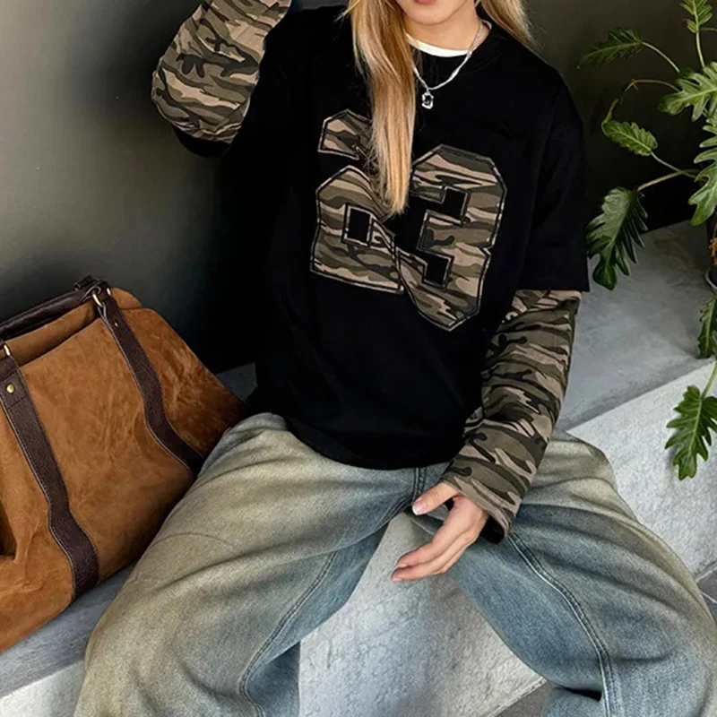 

American Vintage Camo Print Tee Women Patchwork O Neck Long Sleeve Street T Shirt Harajuku Y2K Loose Causal Top
