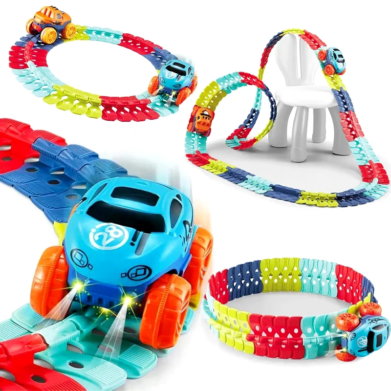 Rechargeable Kids Track Cars For Boy Flexible Track with LED Light-Up Race Car Set Anti-gravity Assembled Track Car Gift for Kid