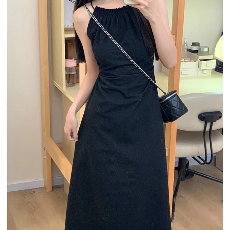 Women's Summer Autumn Pullover Halter Bandage Sleeveless Solid Distressed Tassel Hollow Fashion Casual Office Lady Ankle Dress