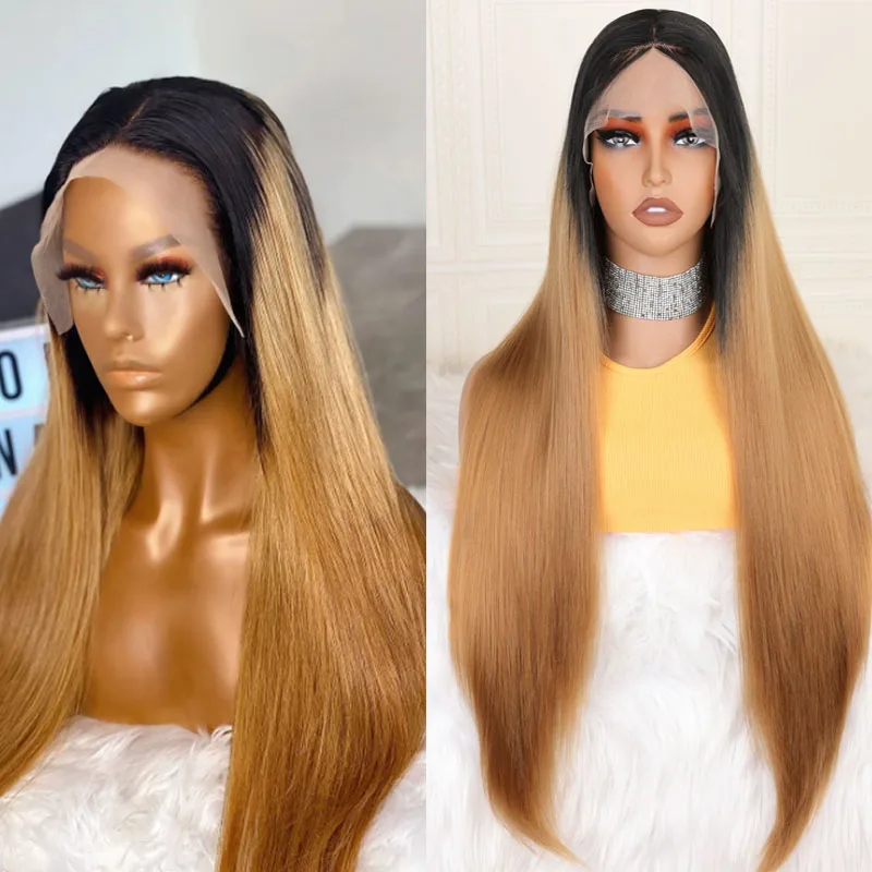 

Soft 26“Long Ombre Blonde Straight 180Density Lace Front Wig For Black Women BabyHair Glueless Preplucked Heat Resistant Daily