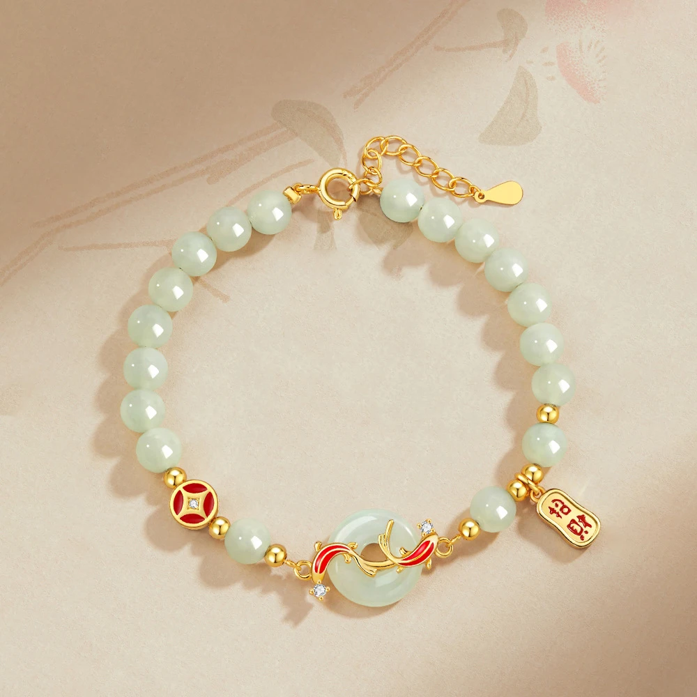 

Valentine's Special Exquisite Type A Jadeite Beaded Bracelet Koi Fish-Inspired Hetian Jade Peace Buckle Bracelet For Women