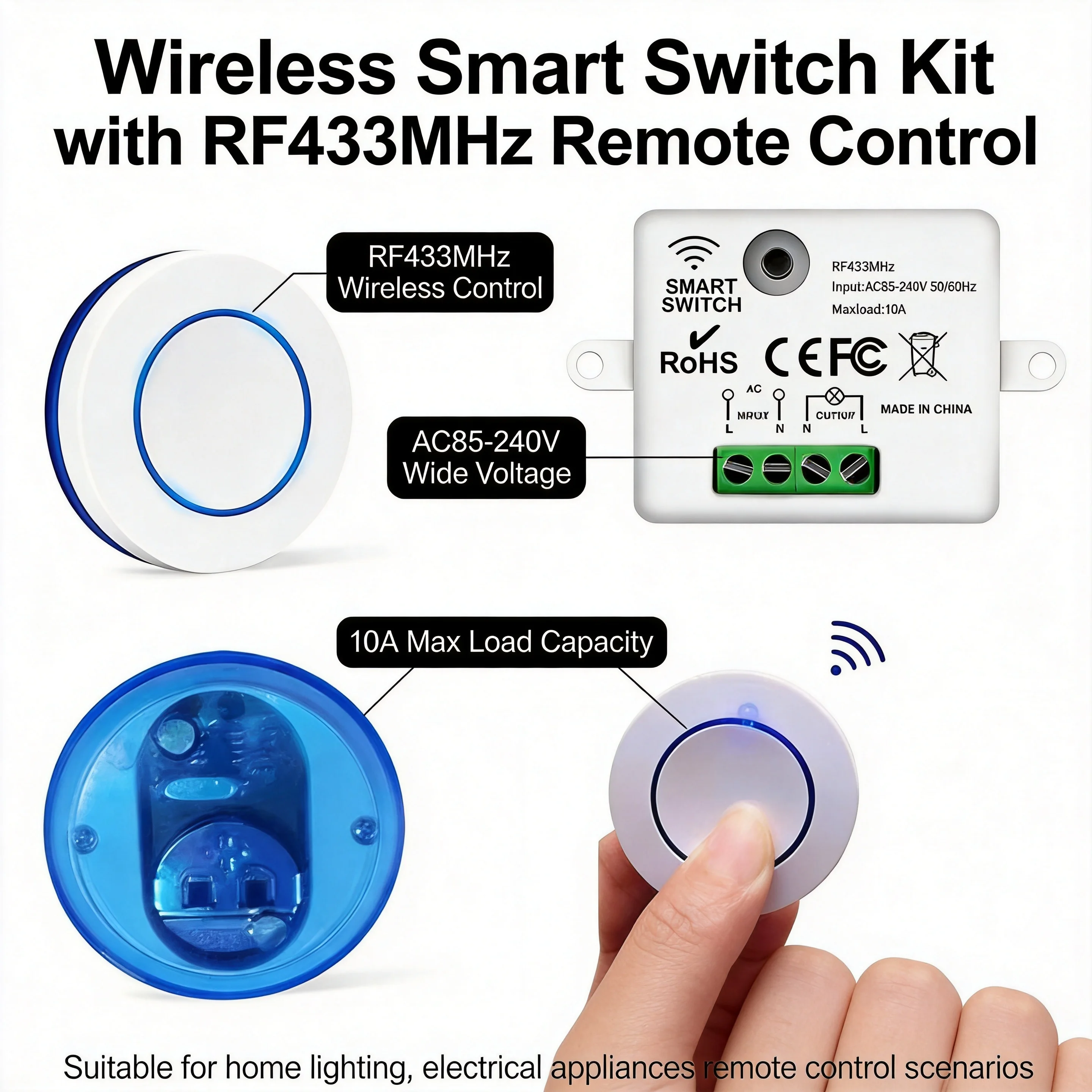 

RF 433MHz Wireless Light Switch, 220V 110V 10A Relay, Mini Round Button Wall Panel Remote Control for LED Lamp,