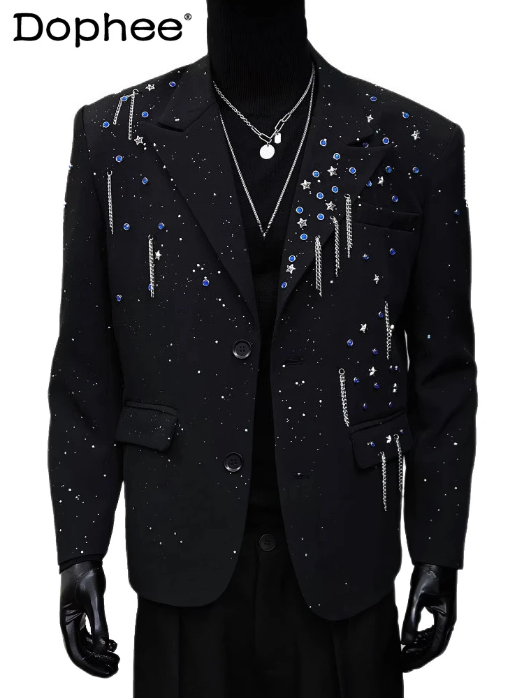 

High-End Diamond-Studded Blazers Men 2025 Winter New Stylish Loose Metal Decoration Tailored Coats Shoulder Pads Suit Jackets