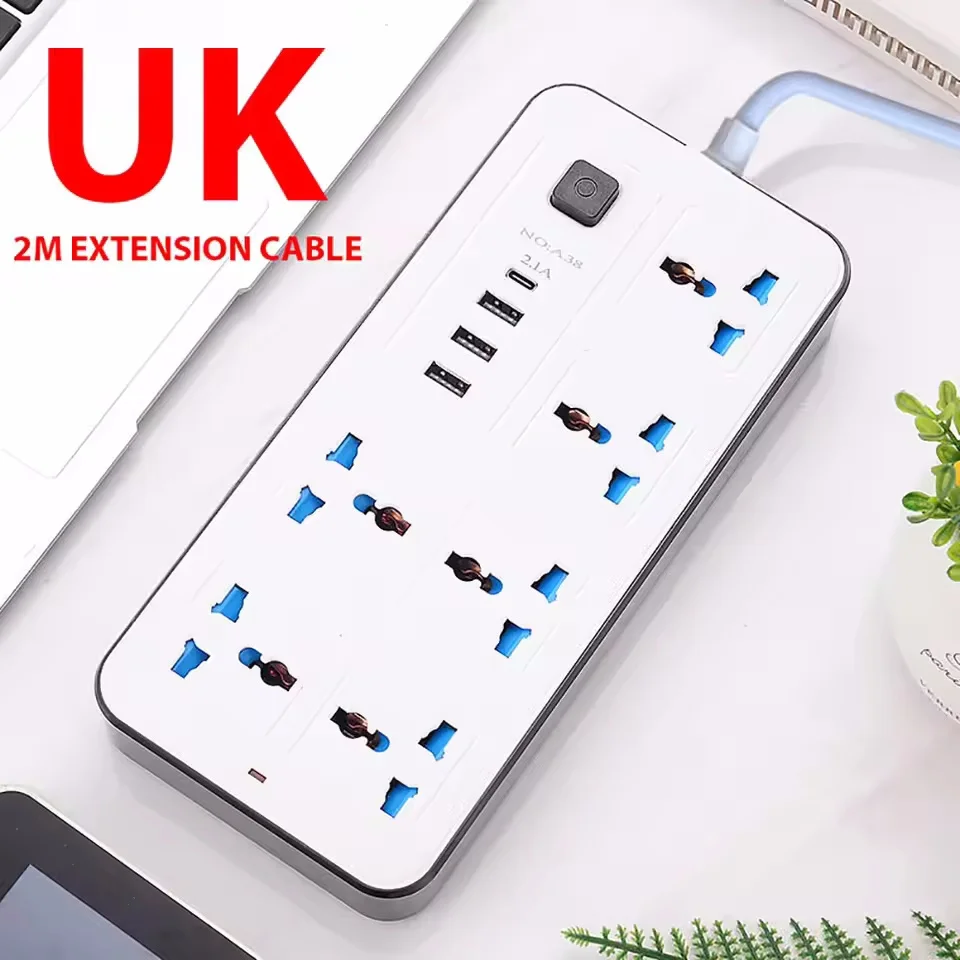 Universele stekkerdoos met Type-C USB-poort, 2m verlengsnoer, AC-stroomaansluiting, oplaadpoort, EU/VS/VK stekker