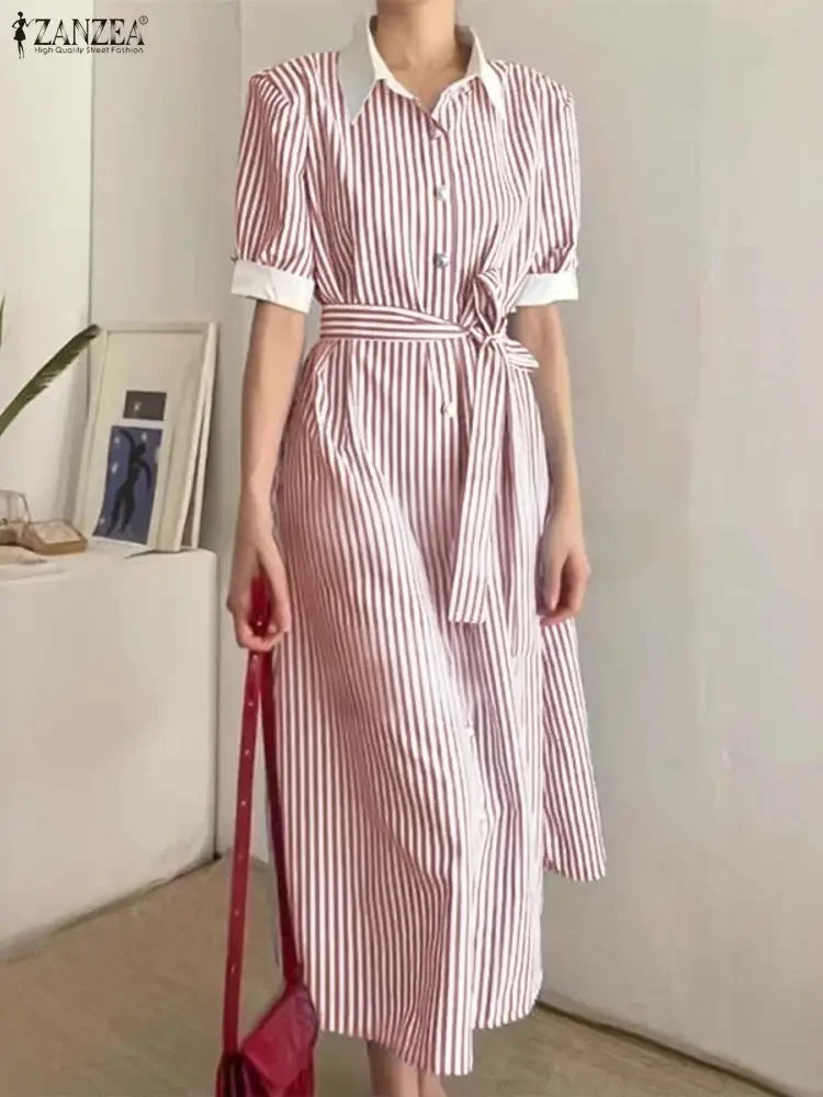 فساتين قميص طويلة أنيقة من ZANZEA للنساء بأكمام قصيرة مخططة موضة ماكسي فيستدوس بحزام لصيف 2025 رداء نسائي للحفلات #2