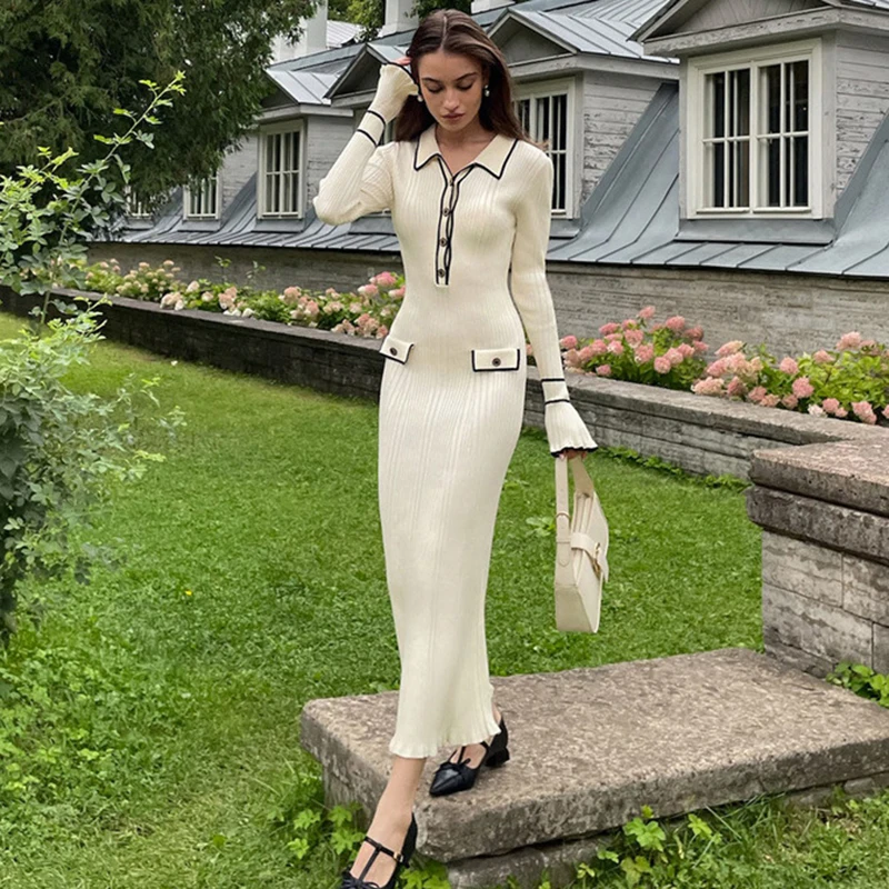 

Ticketsx Elegant Knitted Dress Women's Ruffled Patchwork Lapel High Waist Dress Female Autumn Winter Pullover Sweater Dresses