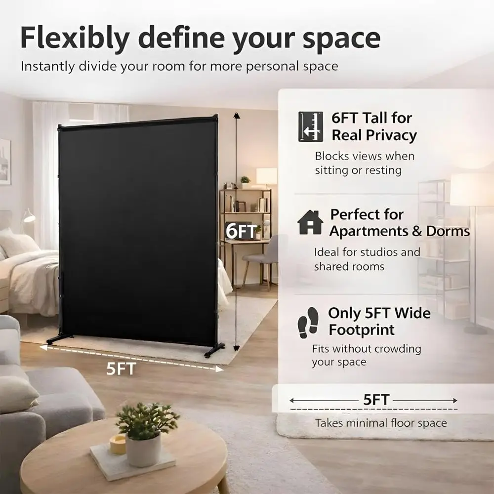 2-Panel Compact Privacy Room Divider, 5x6ft Thick Fabric, Portable Partition for Home or Office, Black
