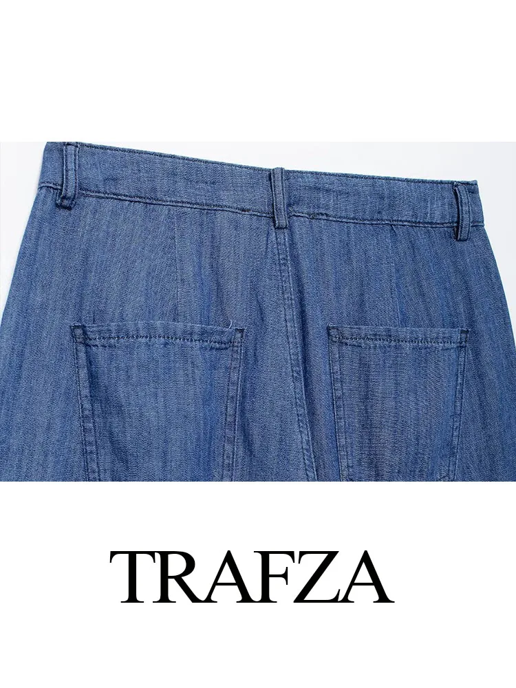 TRAFZA 2024 Female Casual Wide Leg Pants Denim Blue High Waist Pockets Buttons Zipper Trousers Autumn Woman Long Pants Trendy