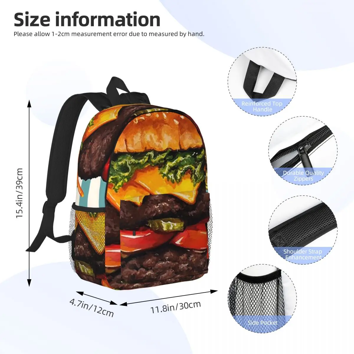 Double Decker Burger Backpack Daypack Large Capacity Boys Girls BookBag Shoulder Bags for Men Women Kids School Bag