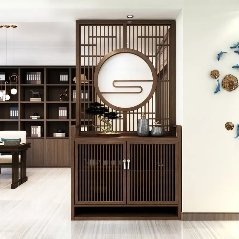 Solid Wood Room Divider Shoe Cabinet with Grille Modern Entryway Storage Screen for Living Room Bedroom Double Sided