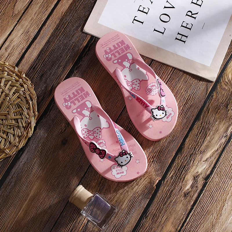 Sanrios Flip Flops Hello Kittys Girl Summer Anime Seaside Beach Wear Outside Anti-Slip Soft Sandals Kawaii Cartoon Home Shoes