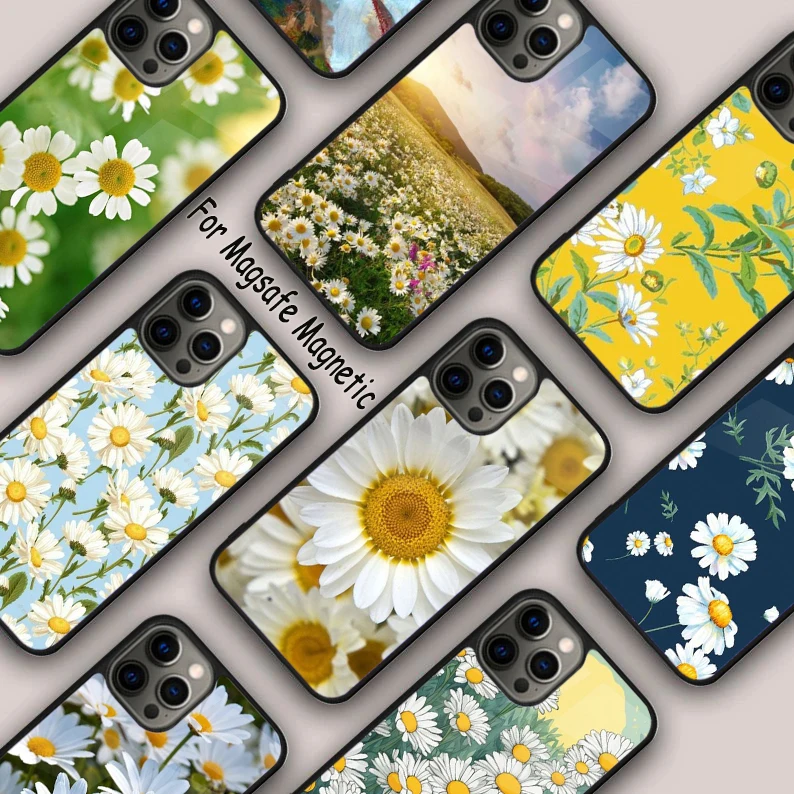 

Магнитный чехол для телефона Daisy White Yellow Flower для APPLE iPhone 16, 14, 13, 12, 11 Pro Max 15 Plus с беспроводной зарядкой и чехлом MagSafe