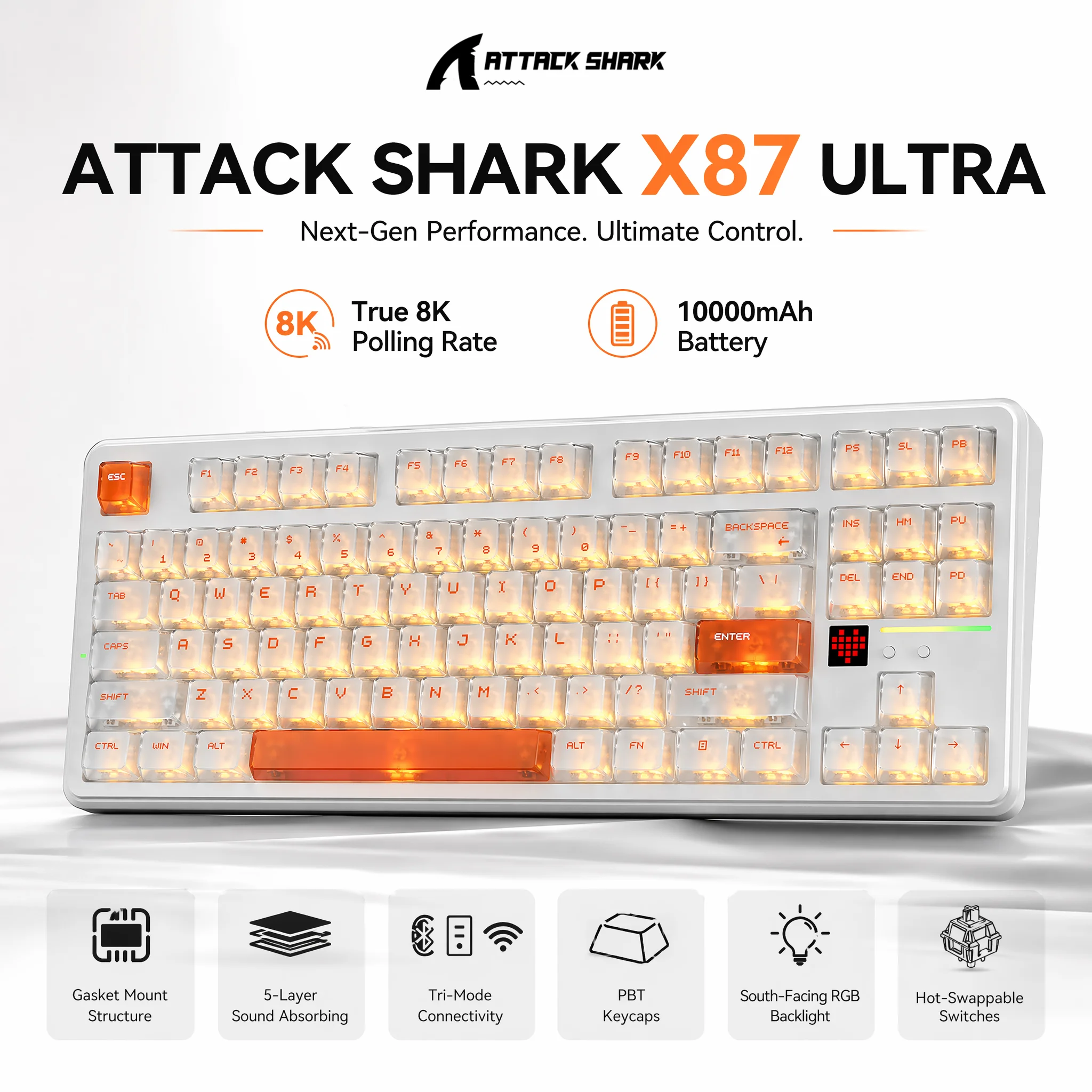 ATTACK SHARK X87ULTRA 8K Wireless Mechanical Keyboard 80% TKL RGB Hot Swap Bluetooth/2.4G/Wired 10000mAh Gasket Mount Driver