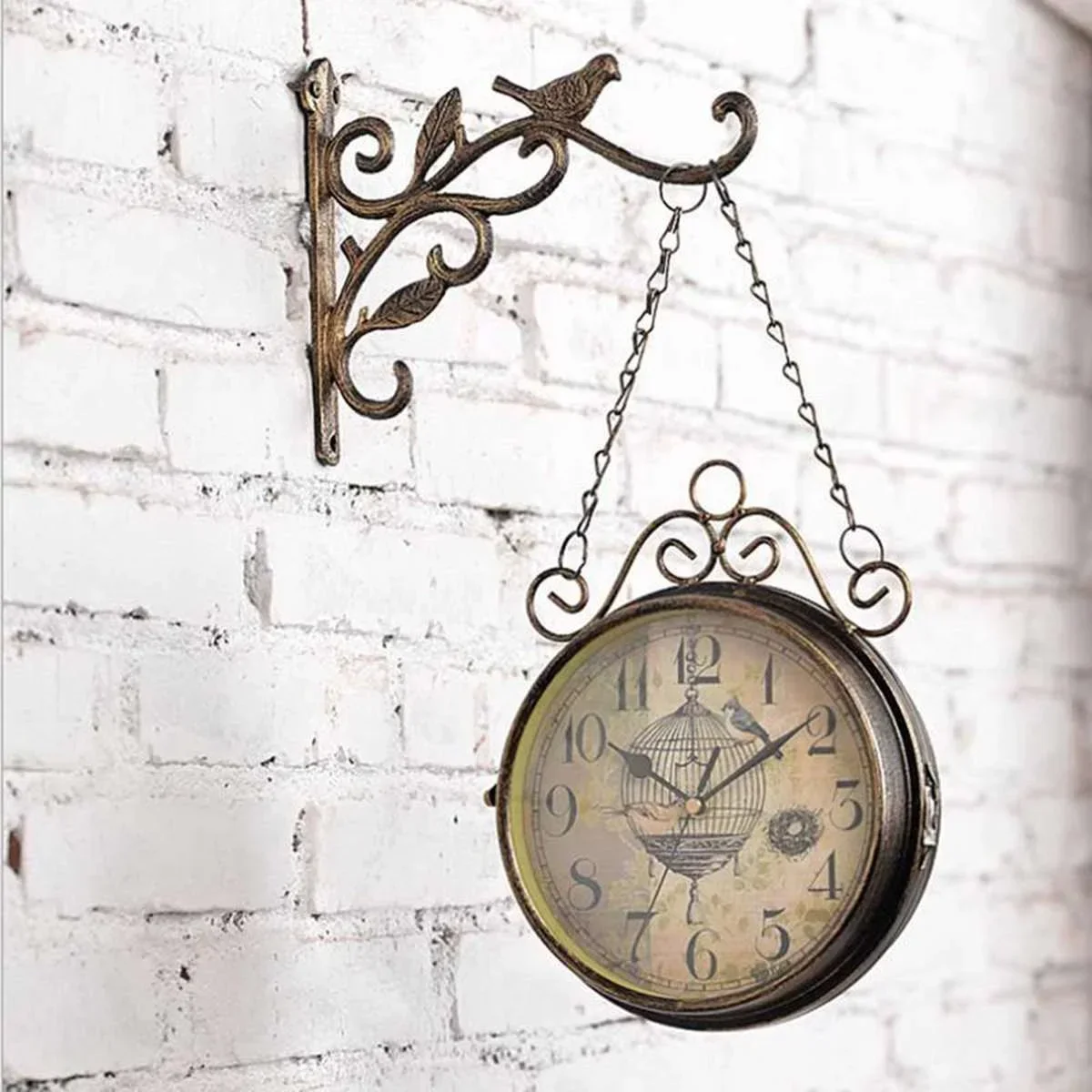 Antique Outdoor Garden Wall Station Metal Clock Double Sided Bird Vintage Retro Round Wall Mount Hanging Home Decor