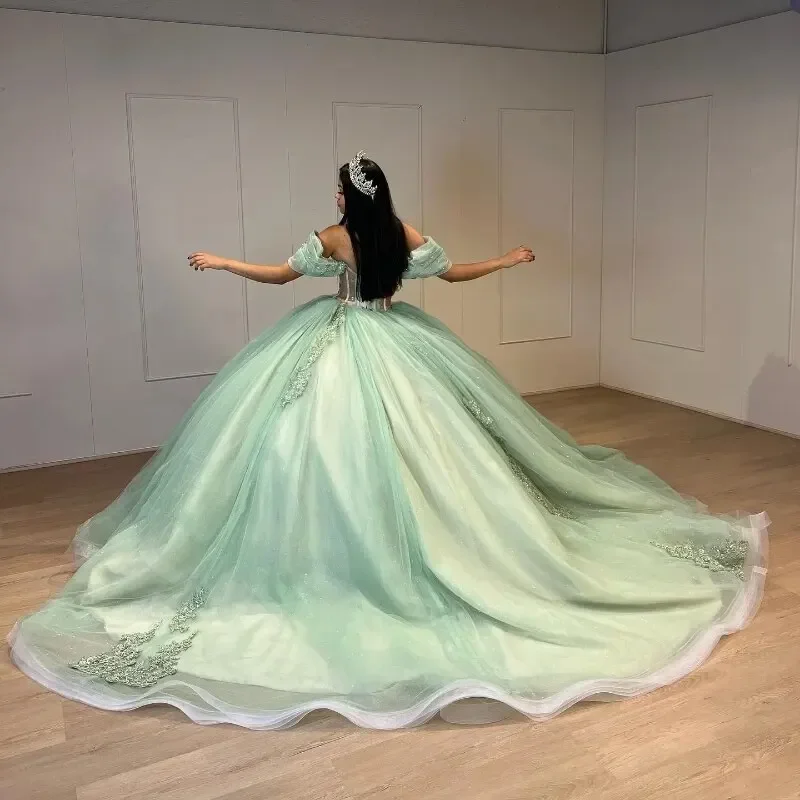 Angelsbridep Customized Sage Green Ball Gowns 15 Year Old Quinceanera Dresses 2025 Cap Sleeves Appliques Vestidos De 15 Años