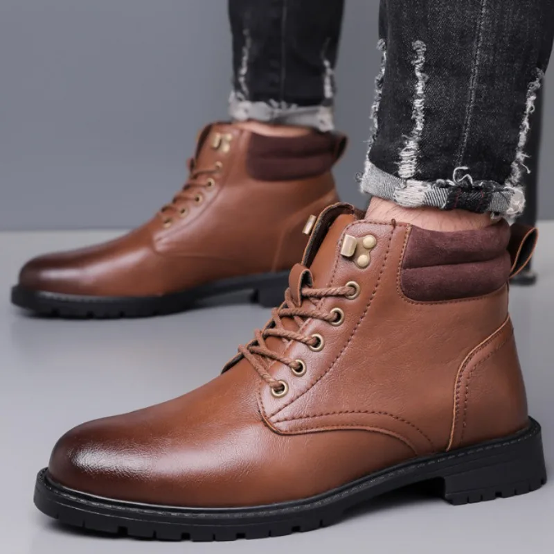 

High Quality Men's Ankle Boots Luxury Genuine Leather Boots British Style High-top Oxford Boot Lace-up Motorcycle Boot Men Boots