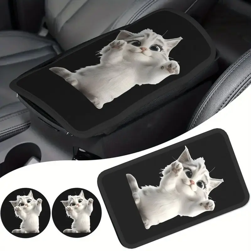 1 Set Car Armrest Cover & 2Pcs Cup Coasters With Cute White Kitten Print For Car Interior Decor