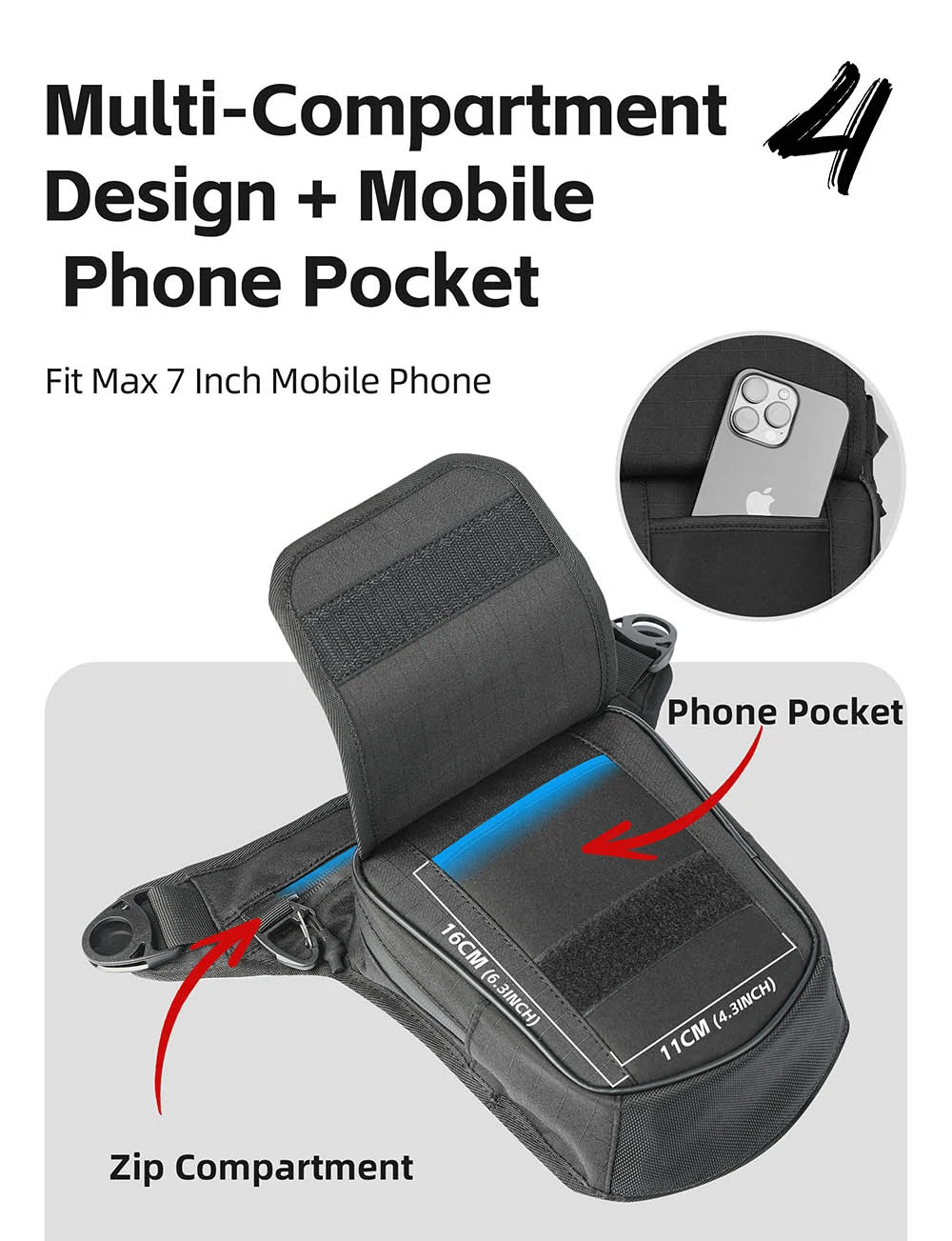 Rhinowalk Motorrad-Hüfttasche mit Drop-Bein, 2,4 l, mehrere Taschen, Motorrad-Tanktasche, nicht magnetische Riemeninstallation – Detail 13
