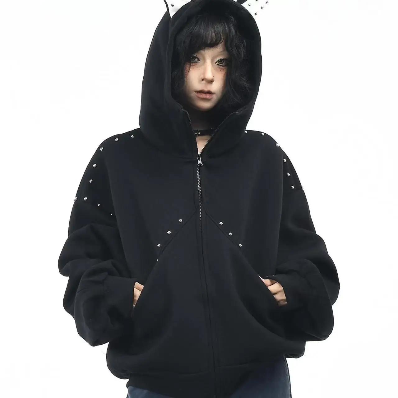 

Women's Rivet Splicing Couple Cardigan Jacket Hooded Sweatshirt Spring Autumn 90s Vintage Female Long Sleeve Casual Thin Coat