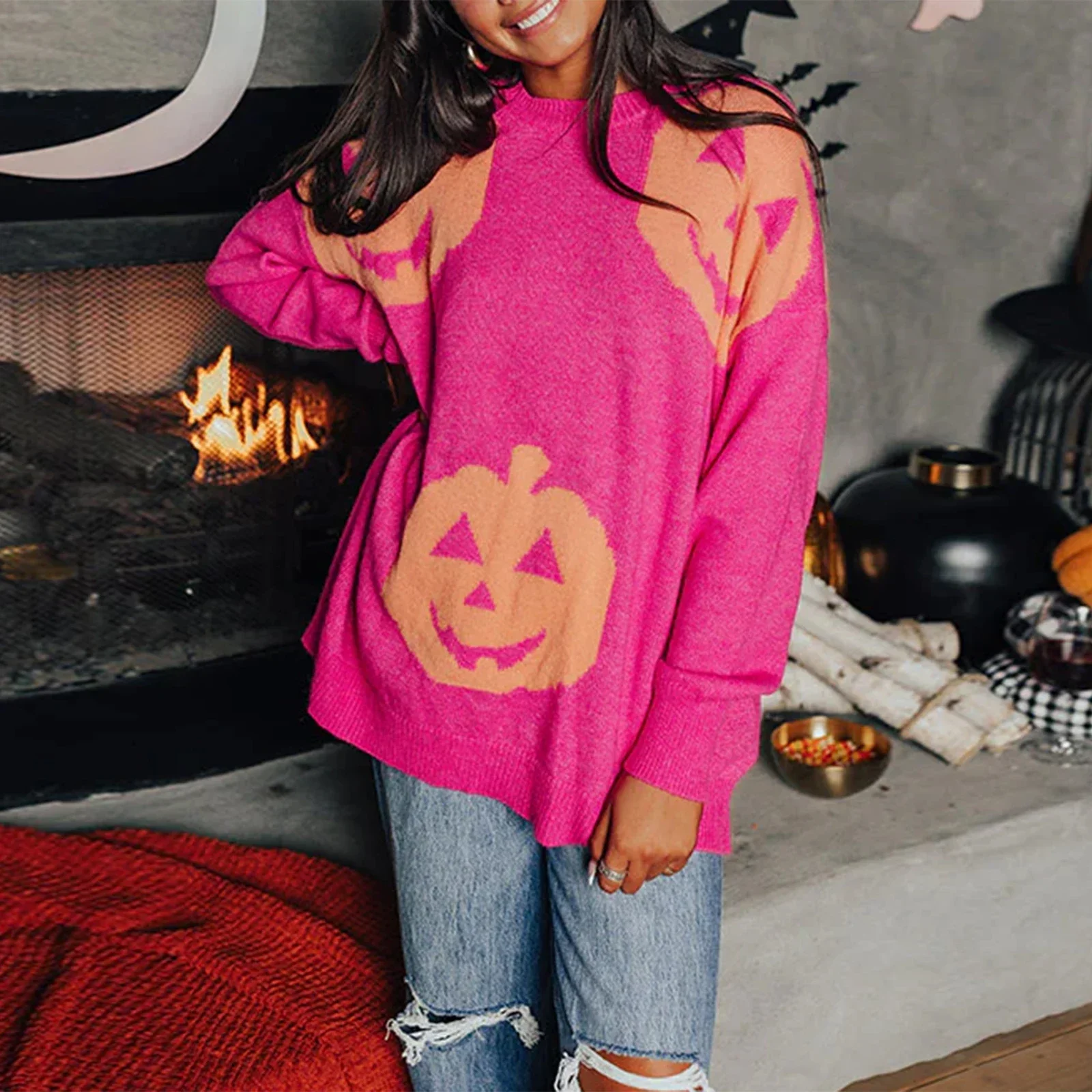 Women's Fashionable Autumn and Winter Sweaters Loose Pumpkin Print Round Neck Long Sleeve Pullover Suitable for Festival Wear