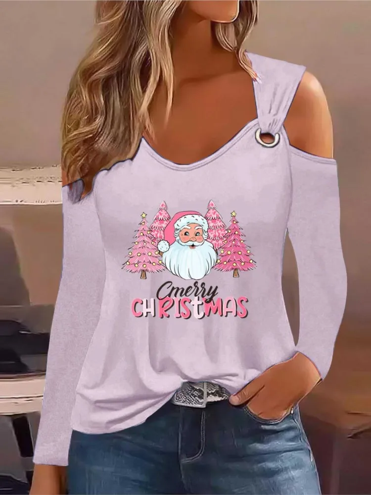 

Merry Christmas T Shirt For Women Festive Tops Tees Shirts & Blouses Santa Claus Elk Print Casual Long Sleeve Blusa Mujer Moda