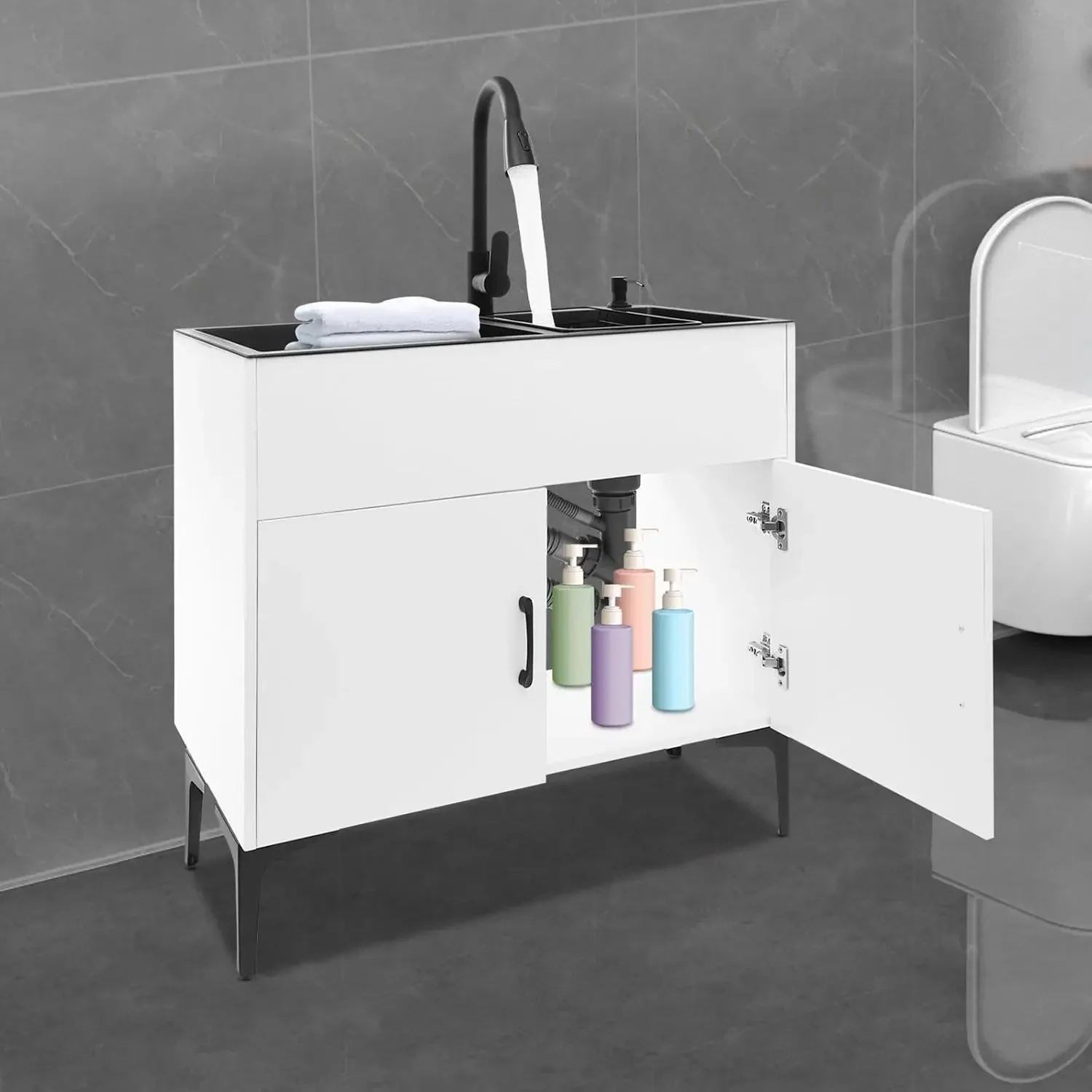Laundry Sink,30in Freestanding Sink Cabinet,Kitchen Stainless Steel Sinks with with Double Bowl,Deep Utility Sinks with cabinet view 4
