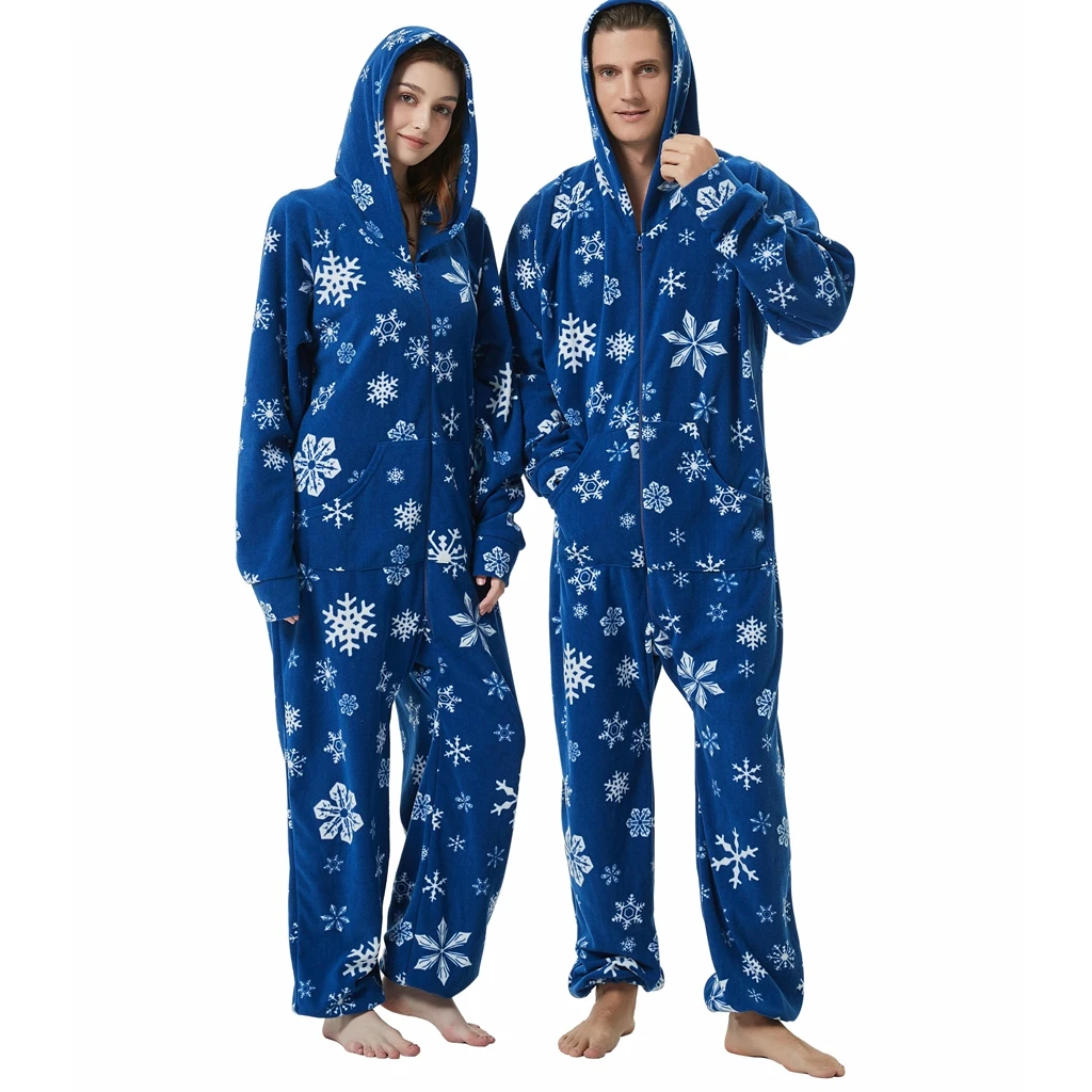 HEZIOWYUN Women\'s Christmas Zipper Pajamas Oneseies Jumpsuit Reindeer/Snowflake Print Long Sleeve Hooded Nightwear with Pockets