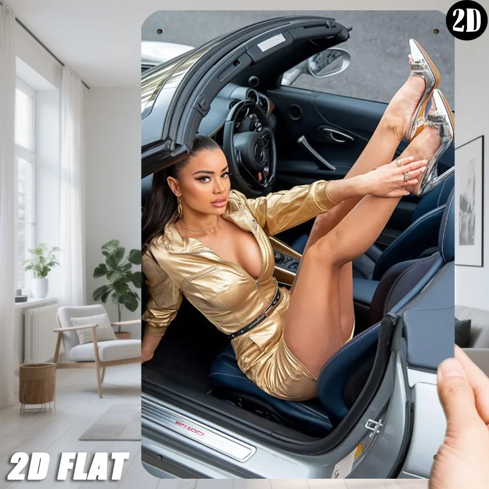 2D شقة ، JIT ريترو الحديد معدن تسجيل 8in * 12in فستان ذهبي سيدة نموذج سيارة شعار-رجل الكهف ورشة عمل حانة زخارف الحائط