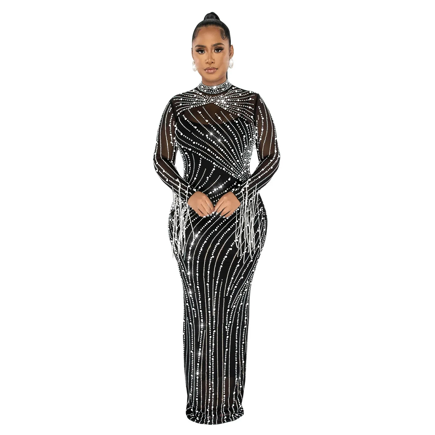 long sleeve green flowy dress Mac Duggal - Pleated Long Sleeve V-Neck Gown