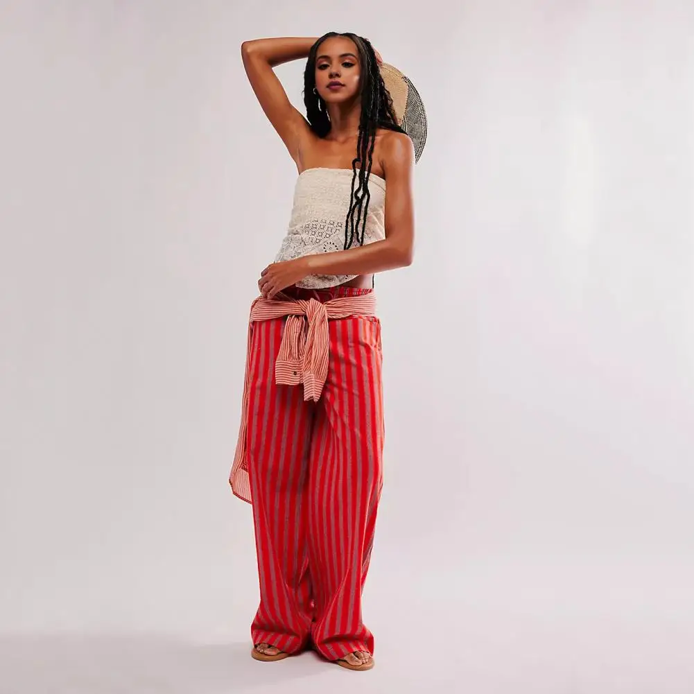 

Elastic Waist Trousers Vertical Striped Wide Leg Pants with Drawstring Pockets for Women Streetwear Trousers for A Stylish Look