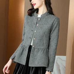 Elegant Stand Collar Button Spliced Folds Lattice Coats Women's Clothing 2023 Autumn New Casual Tops Loose Office Lady Jackets