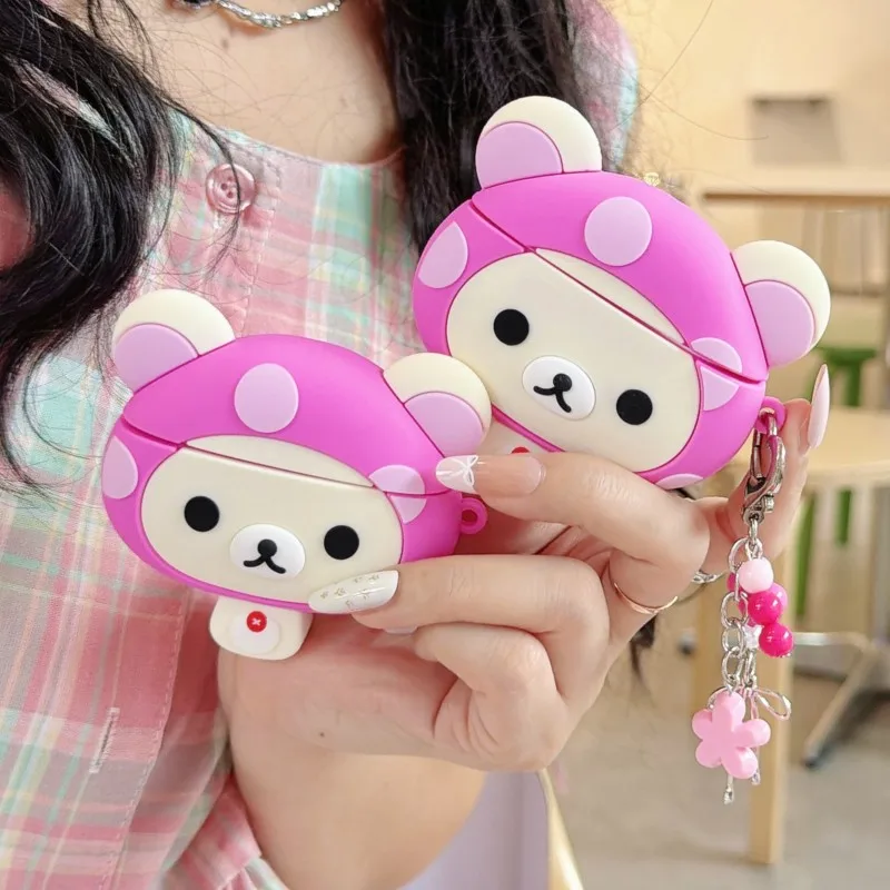 Cute Rilakkuma Mushroom Case Kawaii 3D Silicone Bear with Keychain Shockproof Cover for Airpods 3 4 Pro Pro2 Pro3 Girls