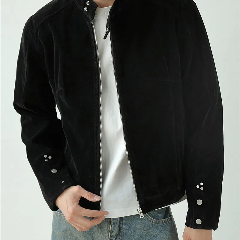 

Brown Suede Harrington Jaet Men's American Hip Hop High Street ort Padded oulder Outerwear Stand Collar Button up Coat