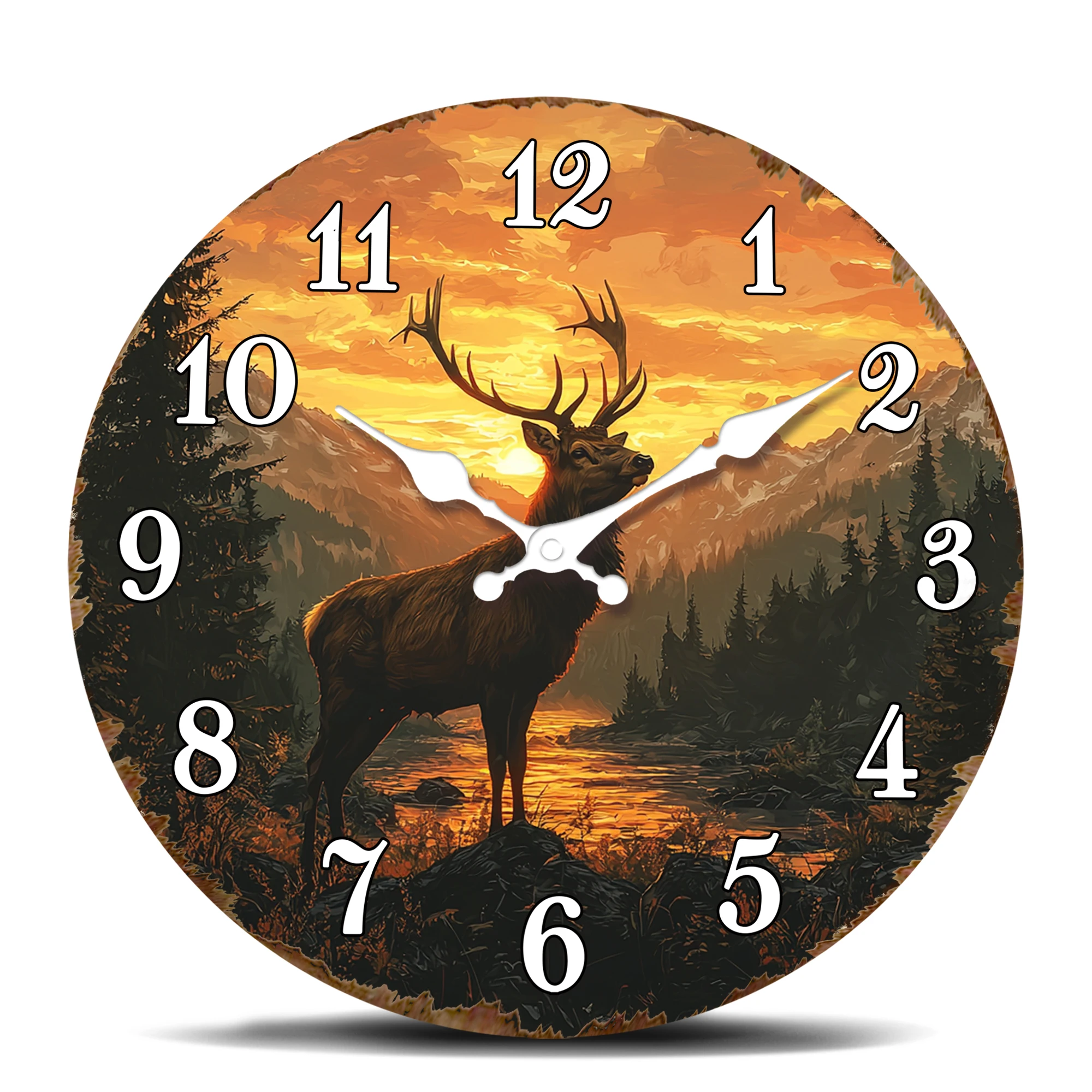 Majestic Deer at Sunset Wall Clock, Nature Landscape Theme Decorative Timepiece, Scenic Mountain and Forest Design Hang Clock, S