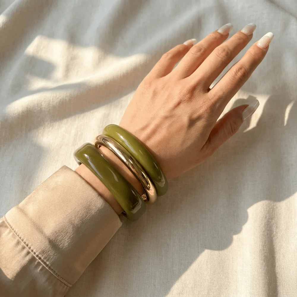 3pcs/set Alloy Resin Twisted Bracelet Irregular Round Geometric Bangle Smooth Texture Olive Green Stackable Wrist Jewelry Women