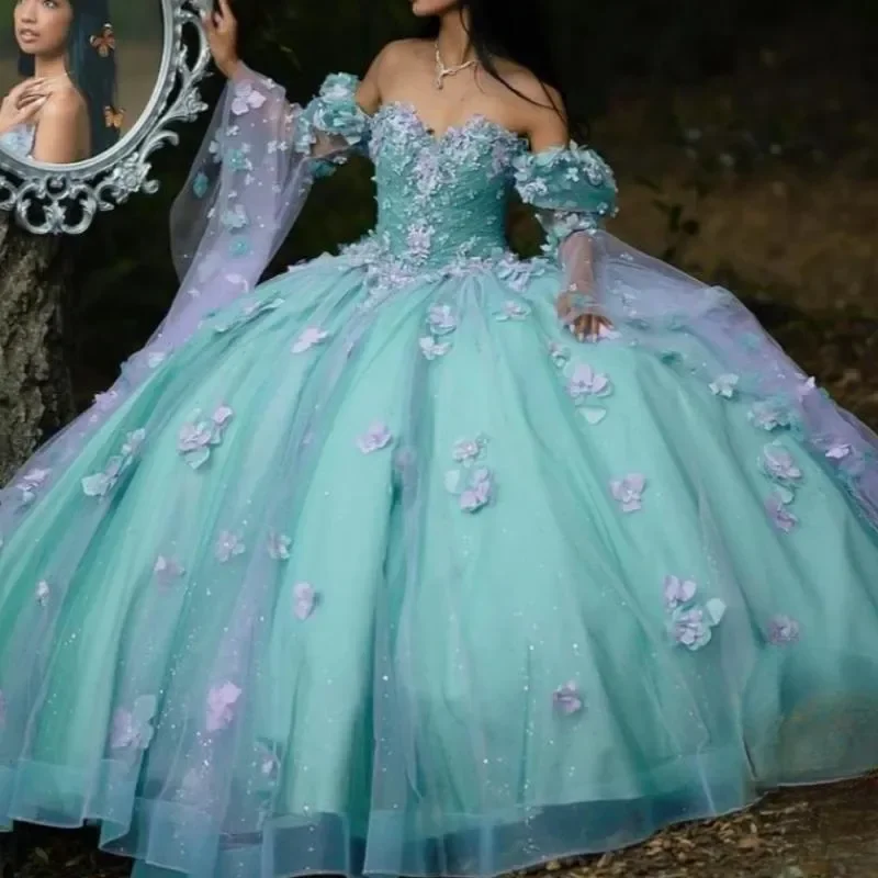 Teens Mint Green Princess Quinceanera Dresses Floral Sweetheart Tull Ball Gown With Cape Sweet Vestidos De 15 Anos Customized