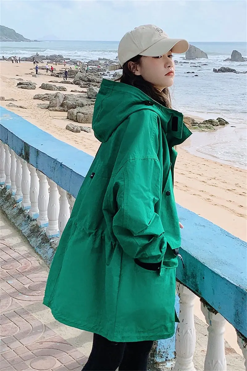 2023 Windbreaker Women's Mid Length Korean Loose Vintage BF Spring Autumn Coat Student Hooded Jacket Large Size Outerwear z1588