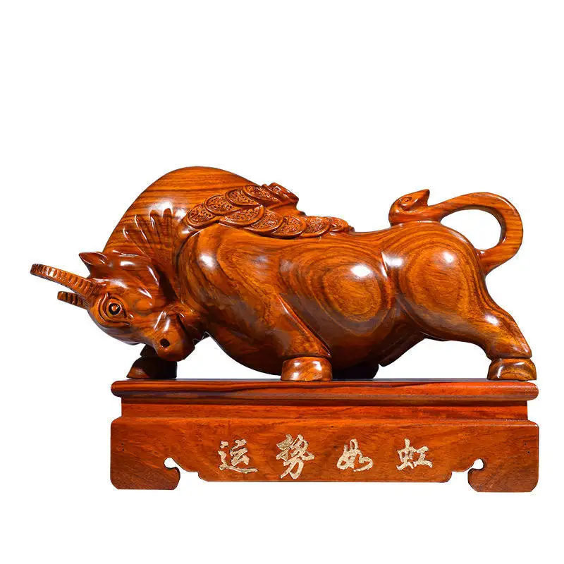 Handcarved Ebony Huanghuali Rosewood Bull Statue Fengshui Great Success Lucky Wealth Home Office Decor Birthday Opening Gift