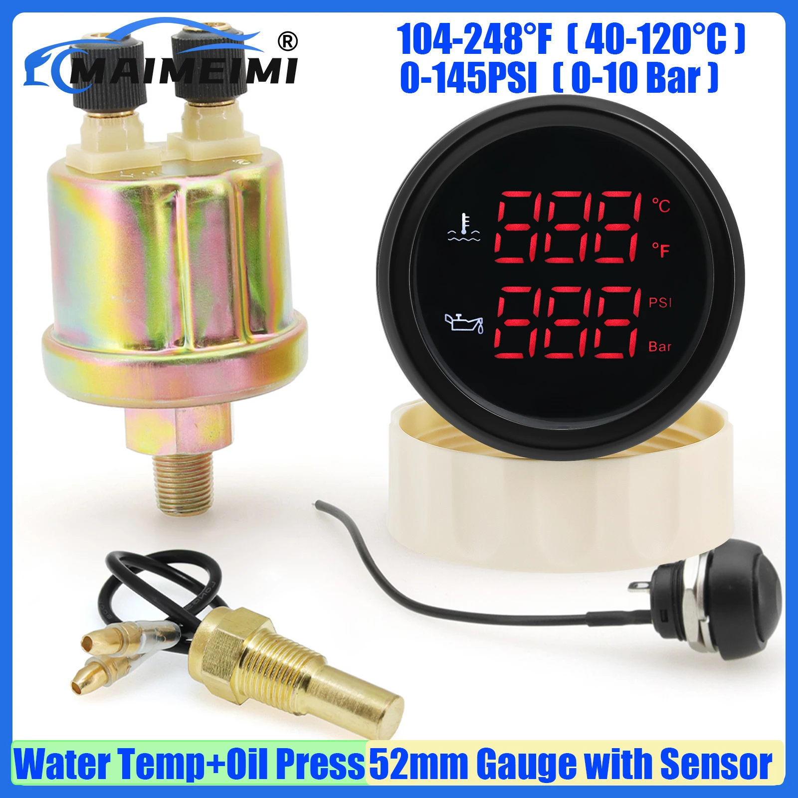

MAIMEIMI Digital 2IN1 52mm Dual Gauge+Sensor Red Green LED Water Temperature+Oil Press Meter 40-120℃,104-248℉ 0-10BAR,0-145PSI