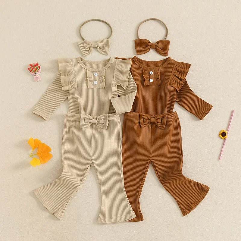 0-18 Months Baby Girls Fall Outfits Solid Color Ribbed Long Sleeves Romper and Flared Pants Headband Set 3 Piece Clothes