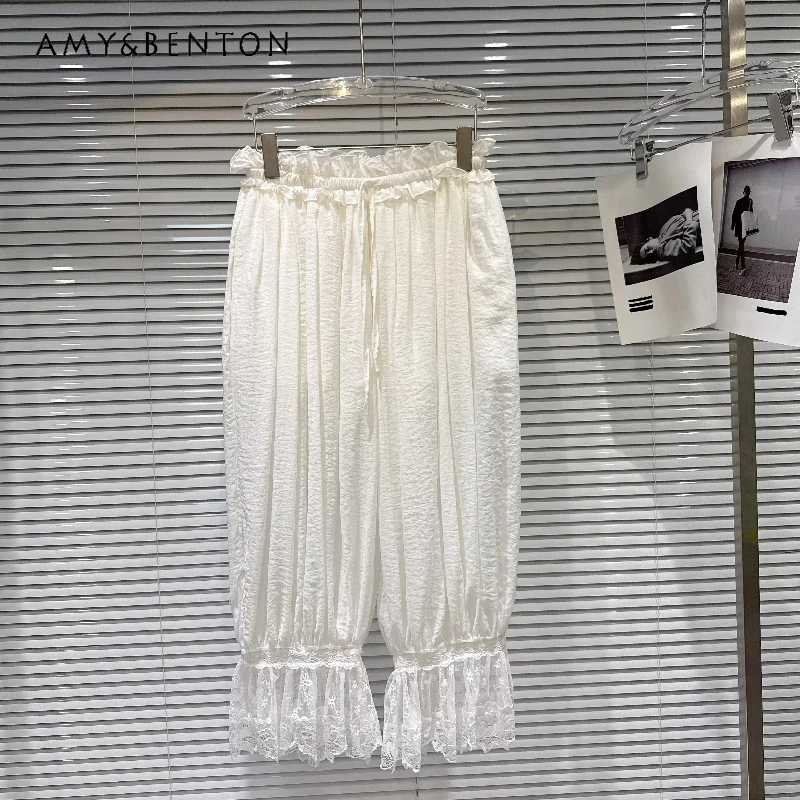 

2026 Summer New Women's Clothing Fashionable White Sweet Cool Y2k Casual Lace Splicing Tie Edge Elastic Waist Bloomers Ladies