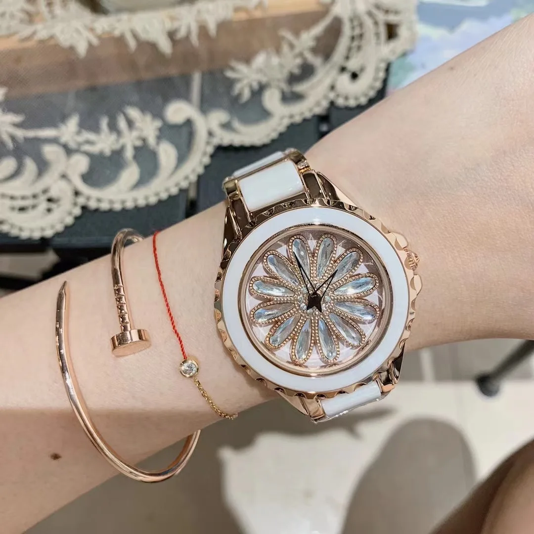 Spinning Daisy Flower Watches Women Blingbling Crystals Wrist watch Big Size Real Ceramic Bracelets Watch Quartz Zircons Clocks