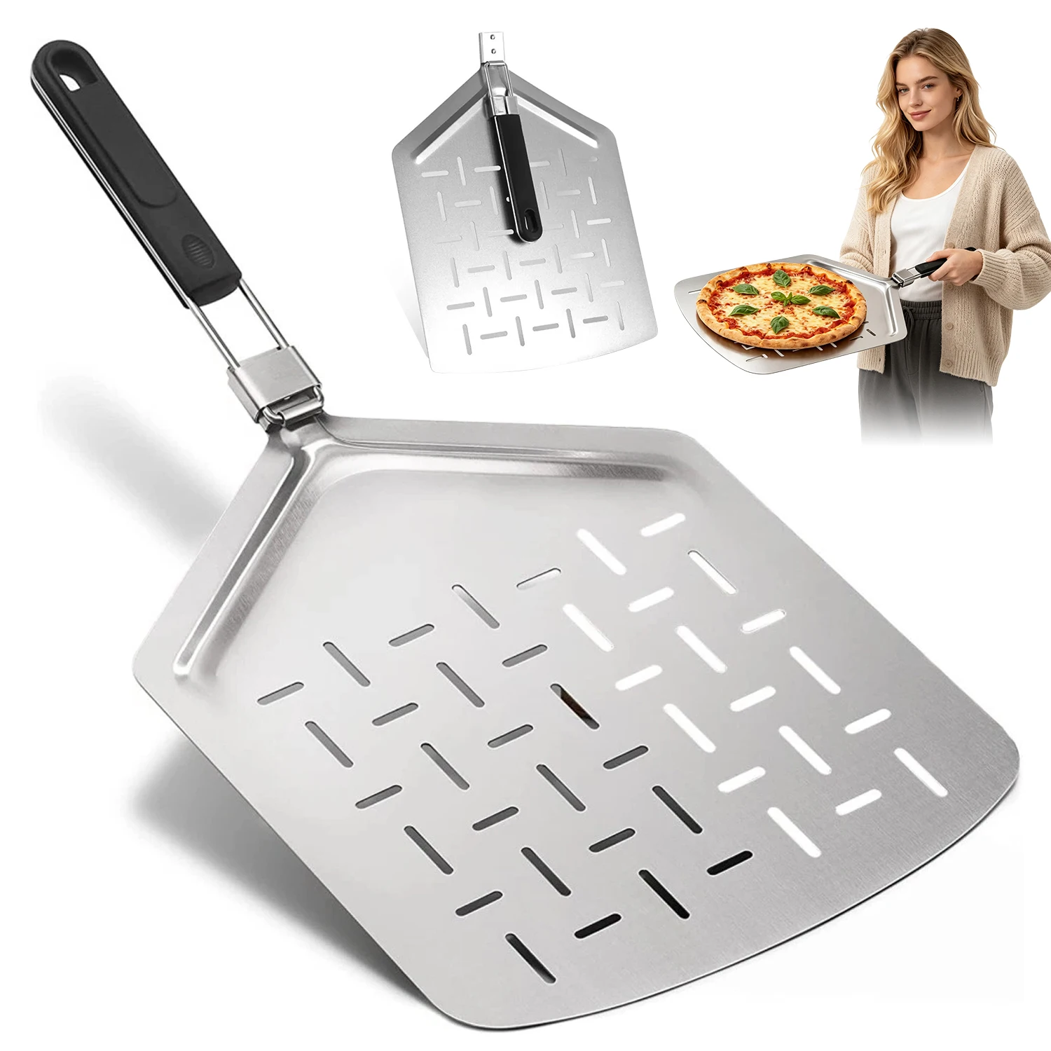 Rutschfester Griff Edelstahl-Pizzaschaufel Multifunktionales Backwerkzeug Einfacher Transfer für Ofengebackene Pizza, Brot und Kuchen
