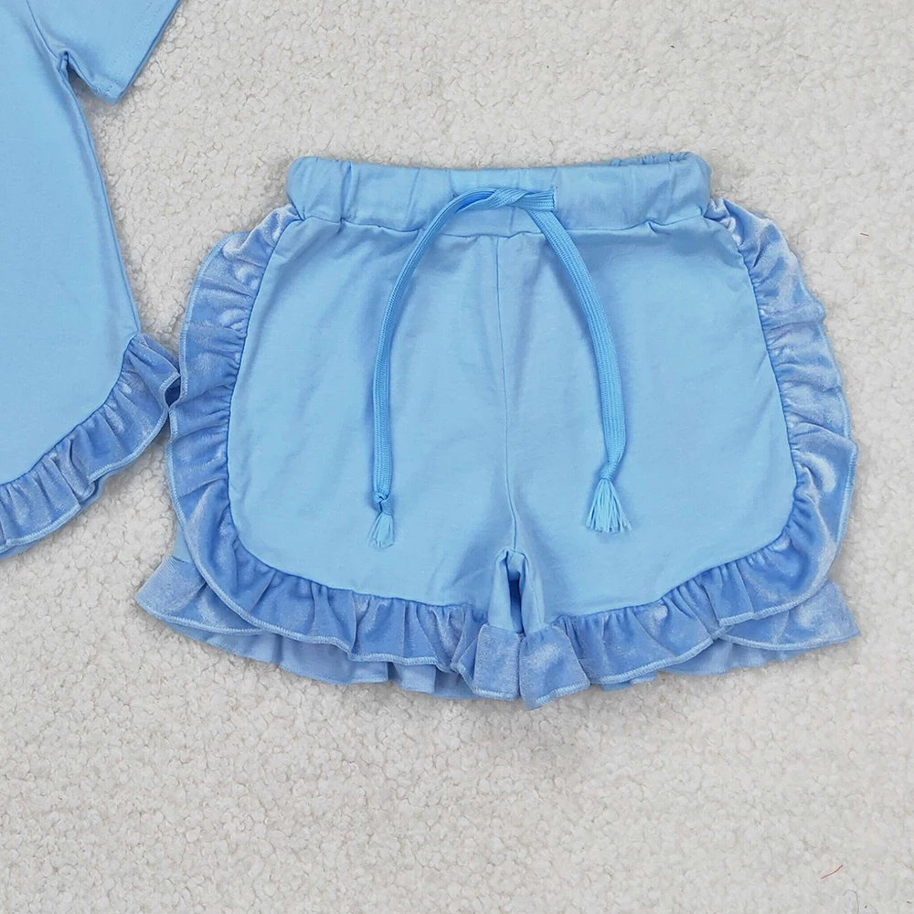 GSSO2183 Baby Girls Blue Cotton Top Ruffle Shorts Clothes Sets