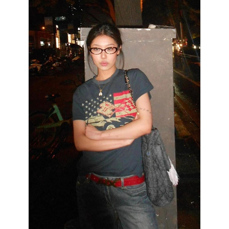 

HOUZHOU American Retro Print T-shirt Women Harajuku Y2k Distressed Washed T-shirt Grunge Vintage Streetwear Short Sleeve Tees