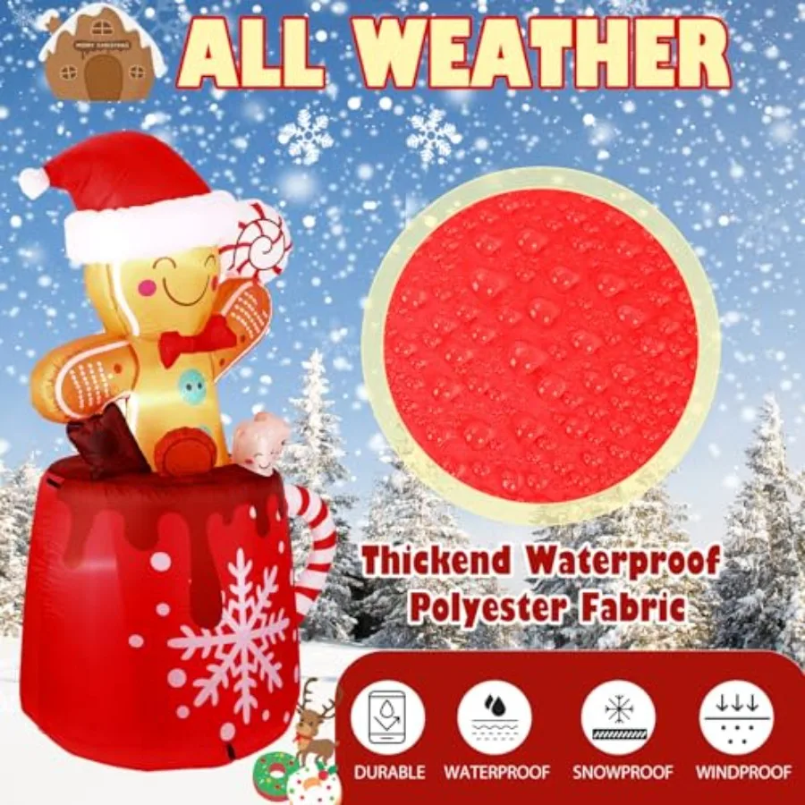 Outdoor Christmas Decor: 6 FT Inflatable Gingerbread Man in Hot Cocoa Mug, PVC Material, Red and Brown, LED Lit, Weather-Resist