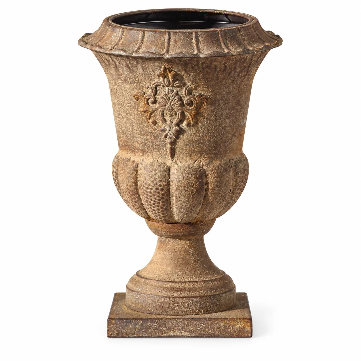 Vintage Distressed Iron Urn Vase, 41cm Tall European Pedestal Flower Planter with Embossed Detail for Indoor Home Decor