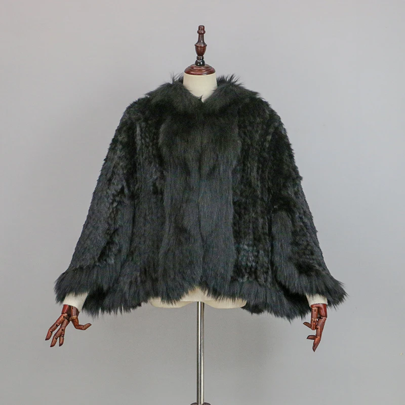 Nuevo Chal de Piel de Conejo Auténtica Tejida Extra Largo con Cuello de Piel de Zorro, Chaqueta de Punto de Moda para Mujer