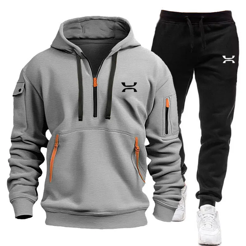 Fall/winter Men's Tracksuit Fleece Lining Hoodie Sweatshirt+ Sweatpants Set Outdoor Sports Running Fitness Casual Men's Clothing