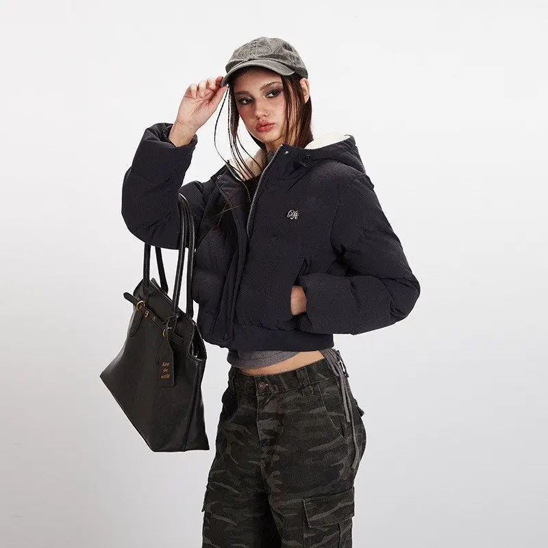 معطف HeyHenry الجديد للشتاء من القطن Theened Jaet للسيدات بقلنسوة النسخة الكورية معطف من القطن بلون نقي وسحاب للتنقل